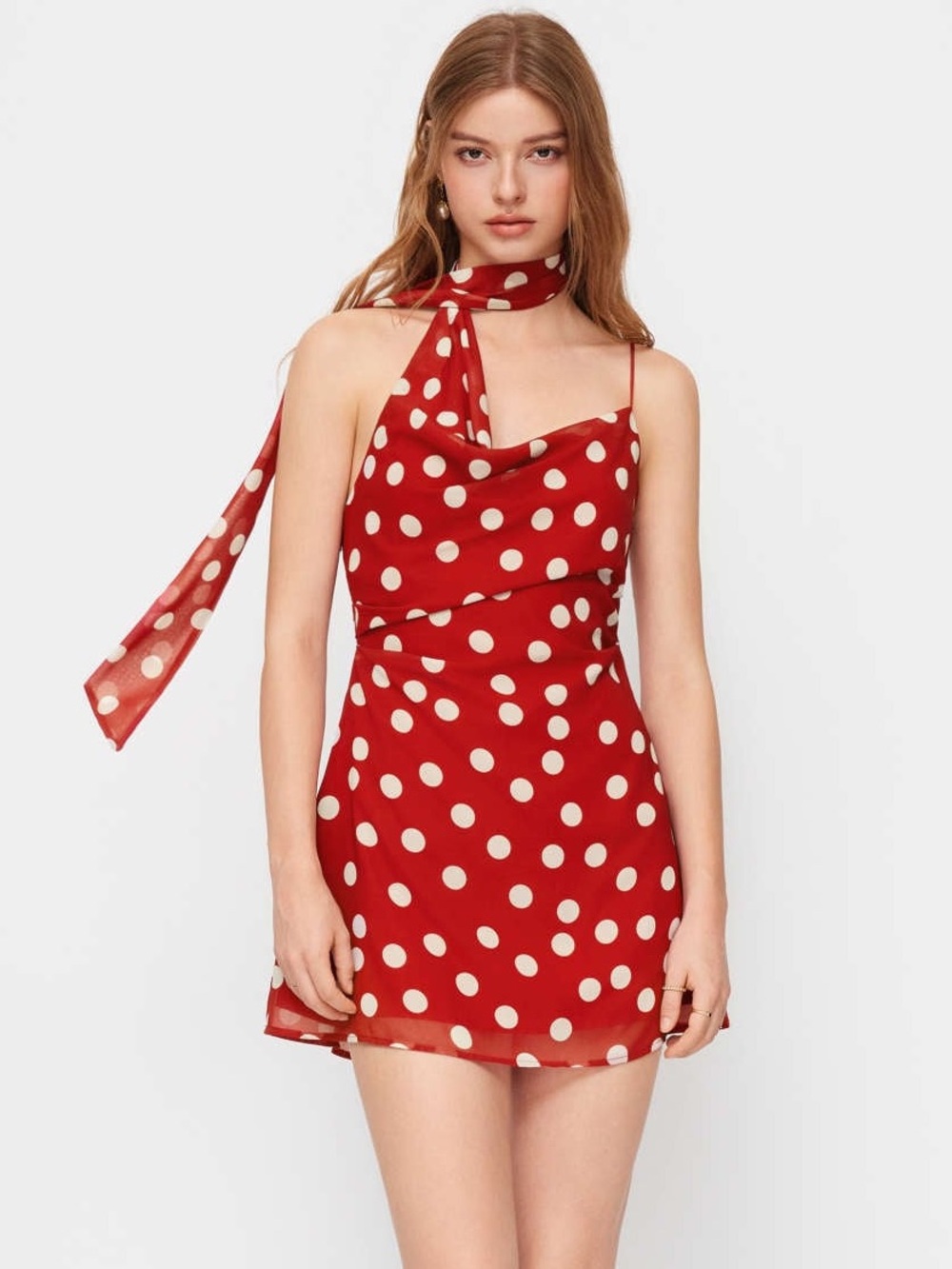 NWT Cider Red Polka Dot Halter Scarf Double Lined Cowl Neck Mini Dress Sz. L